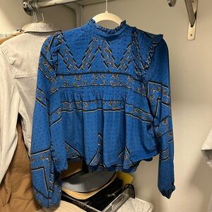Ganni Royal Blue Printed Ruffled High-Neck Blouse